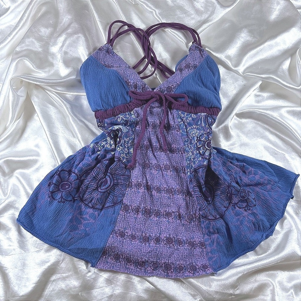 y2k Cami Top Purple Excellent Self Esteem Patchwork Floral Empire Waist Large